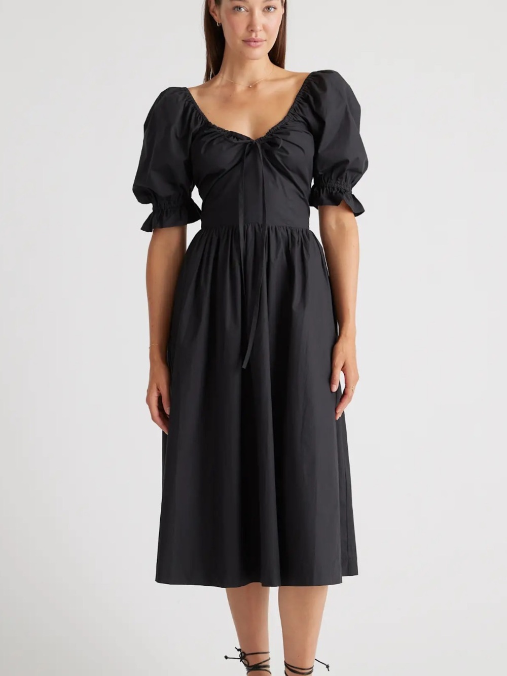 QUINCE Black 100% Organic Cotton Puff Sleeve Midi Dress NWT Size Medium